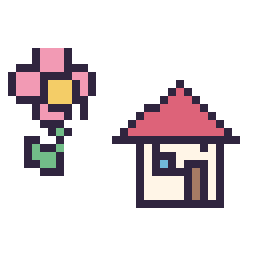 Pixel art Fleur kawaii 16 × 16 et Maison kawaii 16 × 16, grille 32 × 32