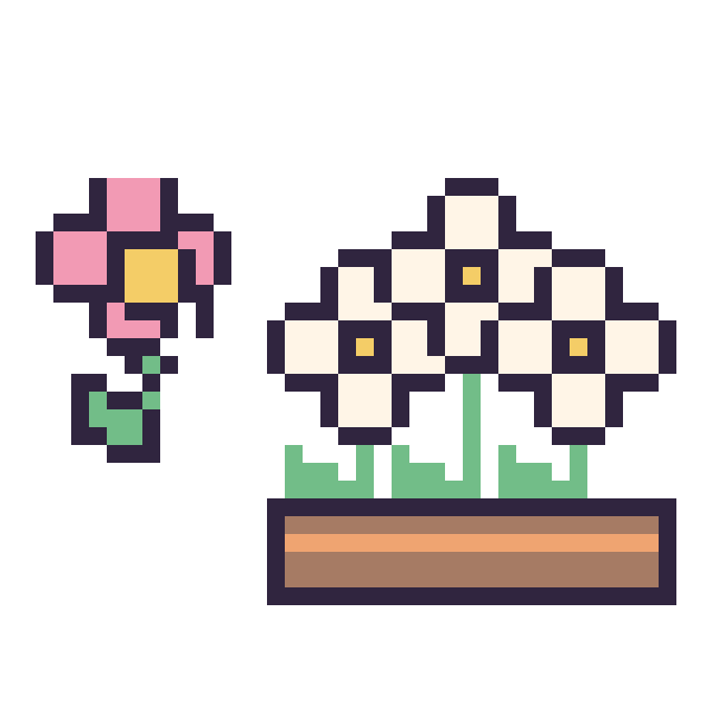 Modèle de pixel art Fleur kawaii 16 × 16 et Marguerite en jardinière sur une grille de 40 par 40 cases