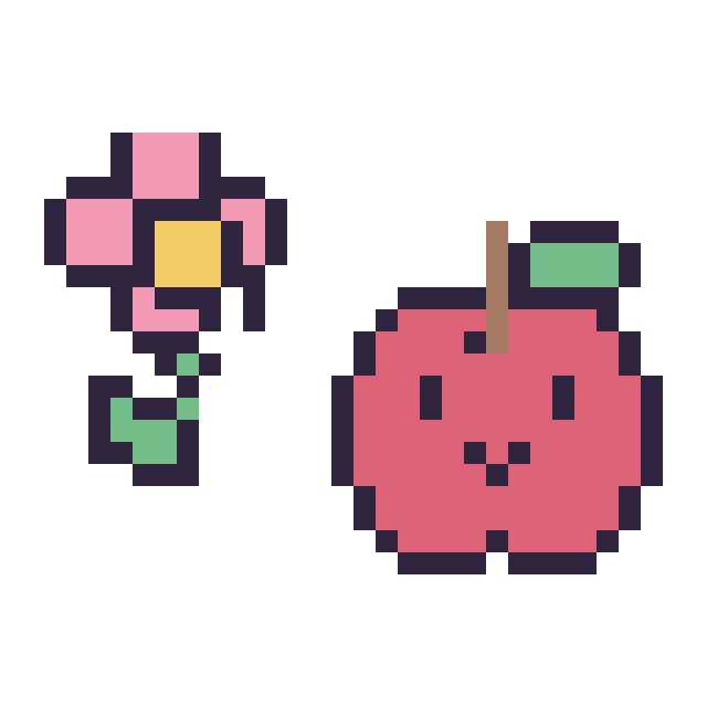 Modèle de pixel art Fleur kawaii 16 × 16 et Pomme kawaii 16 × 16 sur une grille de 32 par 32 cases
