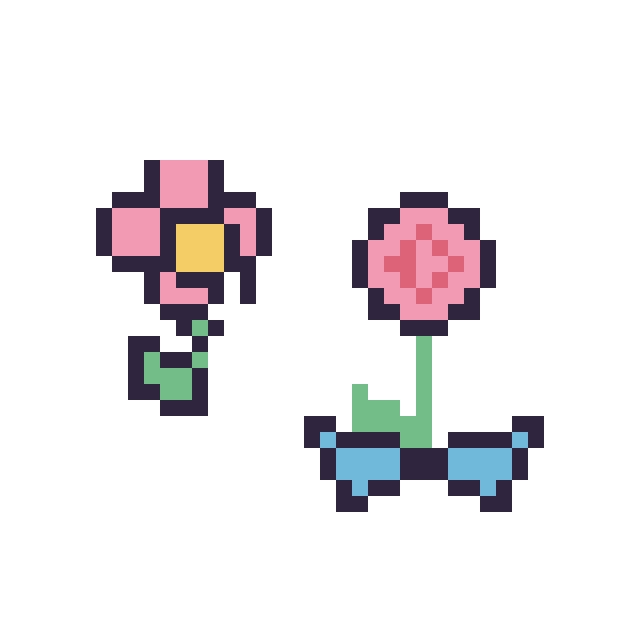 Modèle de pixel art Fleur kawaii 16 × 16 et Rose avec un nœud sur une grille de 40 par 40 cases