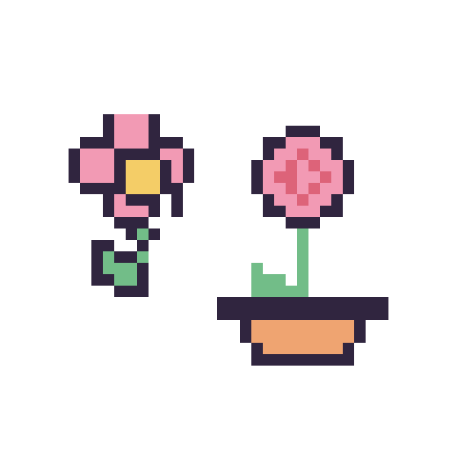 Modèle de pixel art Fleur kawaii 16 × 16 et Rose en pot sur une grille de 40 par 40 cases