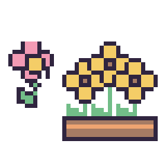 Pixel art Fleur kawaii 16 × 16 et Tournesol en jardinière, grille 40 × 40