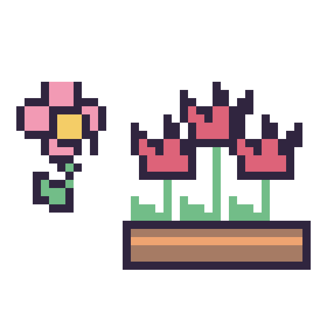 Modèle de pixel art Fleur kawaii 16 × 16 et Tulipe en jardinière sur une grille de 40 par 40 cases