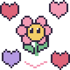Pixel art Fleur kawaii avec des cœurs, grille 40 × 40
