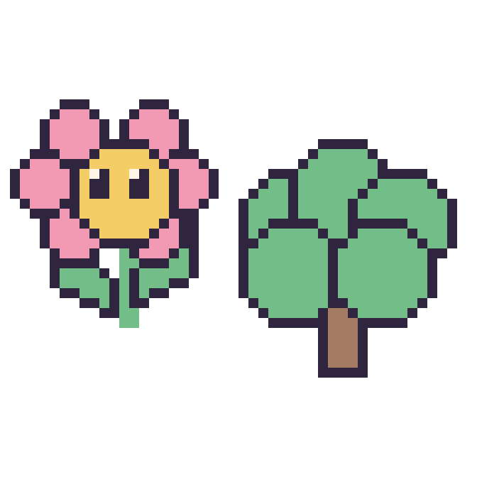 Modèle de pixel art Fleur kawaii et Arbre sur une grille de 48 par 48 cases