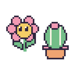 Pixel art Fleur kawaii et Cactus rond, grille 48 × 48