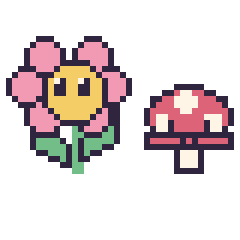 Pixel art Fleur kawaii et Champignon kawaii 16 × 16, grille 40 × 40