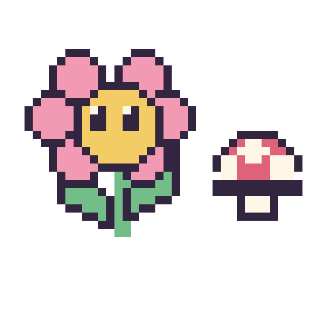 Modèle de pixel art Fleur kawaii et Champignon simple 12 × 12 sur une grille de 40 par 40 cases