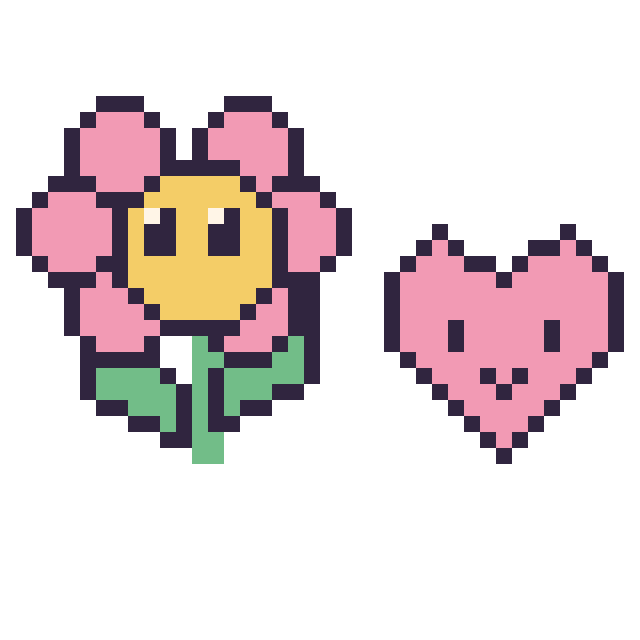 Modèle de pixel art Fleur kawaii et Cœur kawaii 16 × 16 sur une grille de 40 par 40 cases