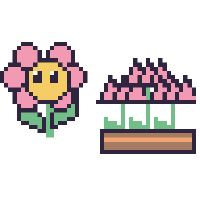 Modèle de pixel art Fleur kawaii et Lotus en jardinière sur une grille de 48 par 48 cases