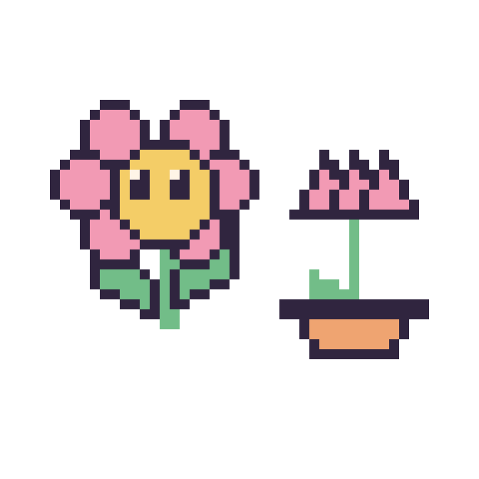 Modèle de pixel art Fleur kawaii et Lotus en pot sur une grille de 48 par 48 cases