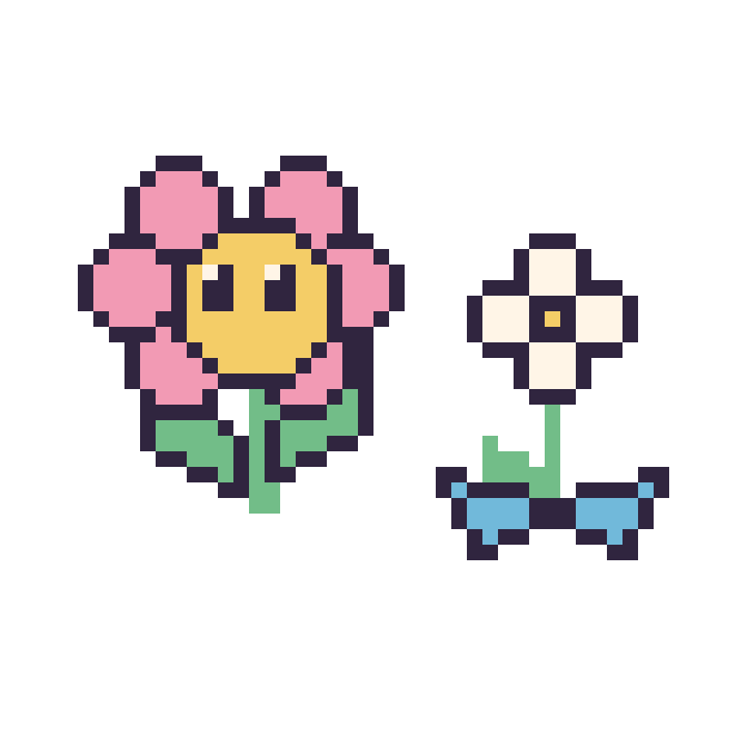 Modèle de pixel art Fleur kawaii et Marguerite avec un nœud sur une grille de 48 par 48 cases