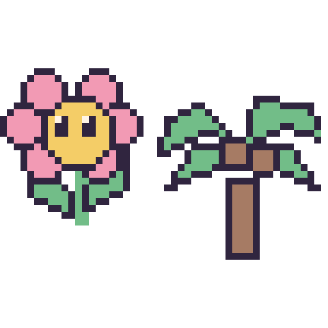 Modèle de pixel art Fleur kawaii et Palmier sur une grille de 48 par 48 cases