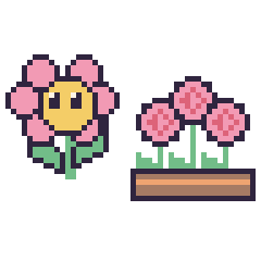 Pixel art Fleur kawaii et Rose en jardinière, grille 48 × 48