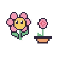 Pixel art Fleur kawaii et Rose en pot, grille 48 × 48