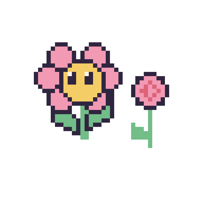 Modèle de pixel art Fleur kawaii et Rose tige fleurie sur une grille de 48 par 48 cases