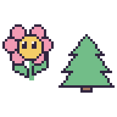Pixel art Fleur kawaii et Sapin, grille 48 × 48