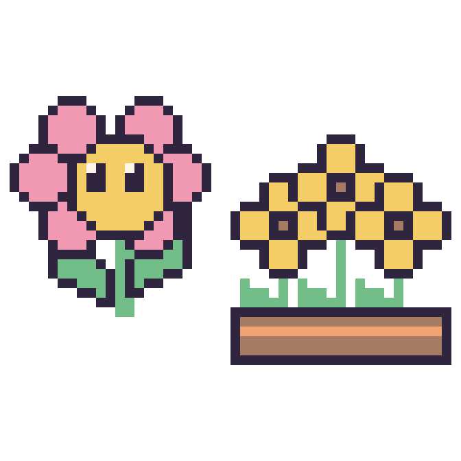 Modèle de pixel art Fleur kawaii et Tournesol en jardinière sur une grille de 48 par 48 cases