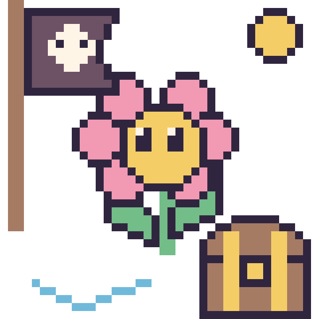 Modèle de pixel art Fleur kawaii en aventure pirate sur une grille de 40 par 40 cases