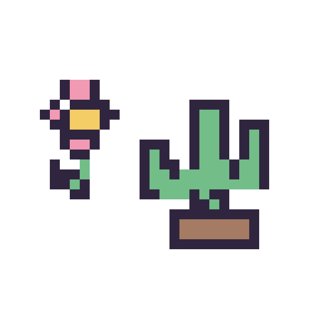 Modèle de pixel art Fleur simple 12 × 12 et Cactus kawaii 16 × 16 sur une grille de 32 par 32 cases