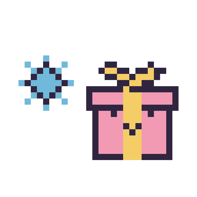 Modèle de pixel art Flocon simple 10 × 10 et Cadeau kawaii 16 × 16 sur une grille de 32 par 32 cases