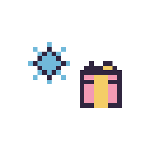 Modèle de pixel art Flocon simple 10 × 10 et Cadeau simple 10 × 10 sur une grille de 32 par 32 cases