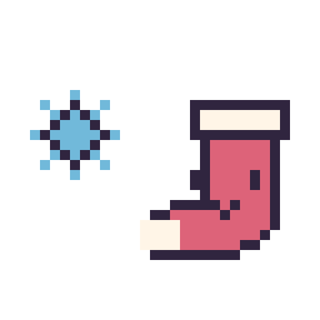Modèle de pixel art Flocon simple 10 × 10 et Chaussette de Noël kawaii 16 × 16 sur une grille de 32 par 32 cases