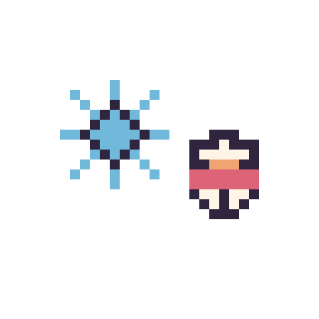 Modèle de pixel art Flocon simple 12 × 12 et Bonhomme de neige simple 10 × 10 sur une grille de 32 par 32 cases