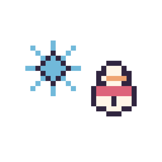 Modèle de pixel art Flocon simple 12 × 12 et Bonhomme de neige simple 12 × 12 sur une grille de 32 par 32 cases