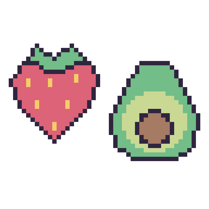 Modèle de pixel art Fraise et Avocat sur une grille de 48 par 48 cases