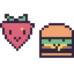 Pixel art Fraise kawaii 16 × 16 et Burger kawaii 16 × 16, grille 32 × 32
