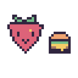 Pixel art Fraise kawaii 16 × 16 et Burger simple 10 × 10, grille 32 × 32