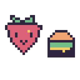 Pixel art Fraise kawaii 16 × 16 et Burger simple 12 × 12, grille 32 × 32