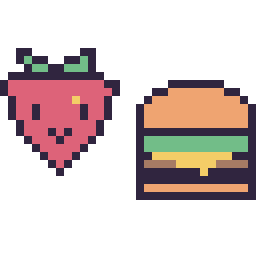 Pixel art Fraise kawaii 16 × 16 et Burger simple 16 × 16, grille 32 × 32