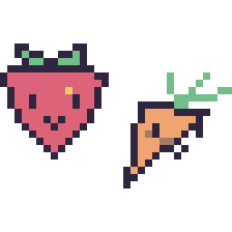 Pixel art Fraise kawaii 16 × 16 et Carotte kawaii 16 × 16, grille 32 × 32