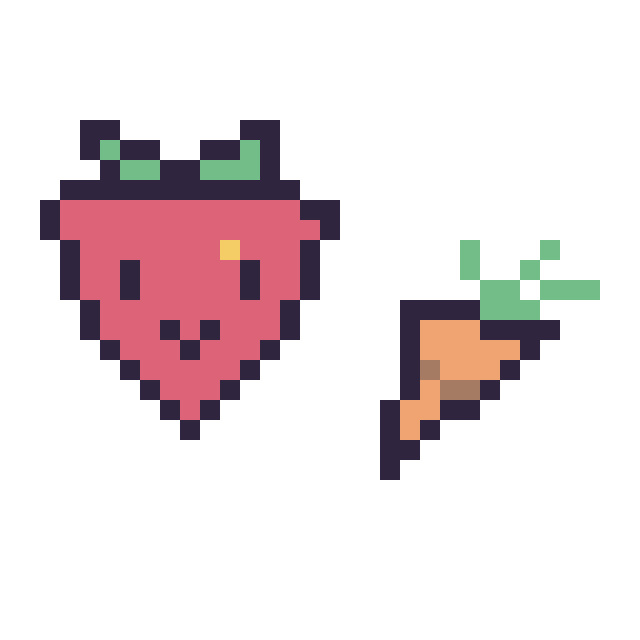 Modèle de pixel art Fraise kawaii 16 × 16 et Carotte simple 12 × 12 sur une grille de 32 par 32 cases