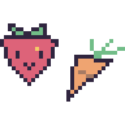 Pixel art Fraise kawaii 16 × 16 et Carotte simple 16 × 16, grille 32 × 32