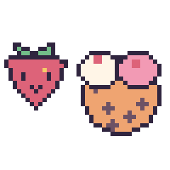 Pixel art Fraise kawaii 16 × 16 et Cookie double garniture, grille 40 × 40