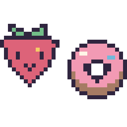 Pixel art Fraise kawaii 16 × 16 et Donut kawaii 16 × 16, grille 32 × 32