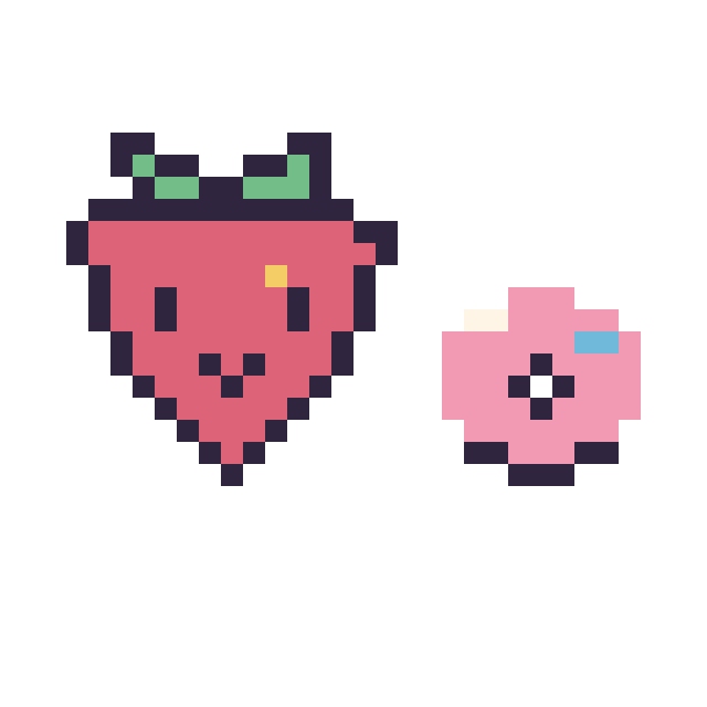 Modèle de pixel art Fraise kawaii 16 × 16 et Donut simple 10 × 10 sur une grille de 32 par 32 cases