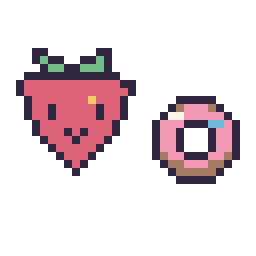 Pixel art Fraise kawaii 16 × 16 et Donut simple 12 × 12, grille 32 × 32