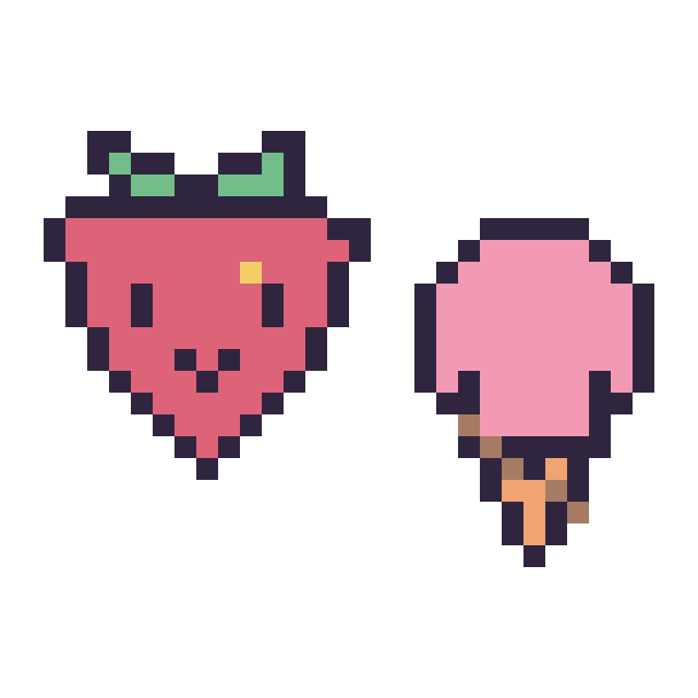 Modèle de pixel art Fraise kawaii 16 × 16 et Glace kawaii 16 × 16 sur une grille de 32 par 32 cases