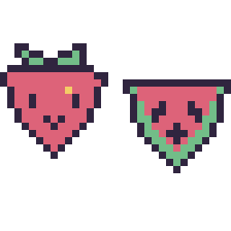 Pixel art Fraise kawaii 16 × 16 et Pastèque kawaii 16 × 16, grille 32 × 32