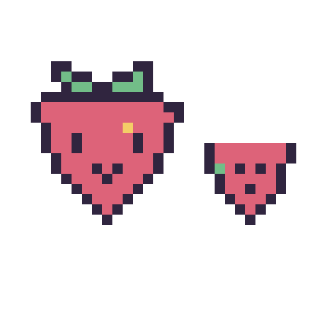 Modèle de pixel art Fraise kawaii 16 × 16 et Pastèque simple 10 × 10 sur une grille de 32 par 32 cases