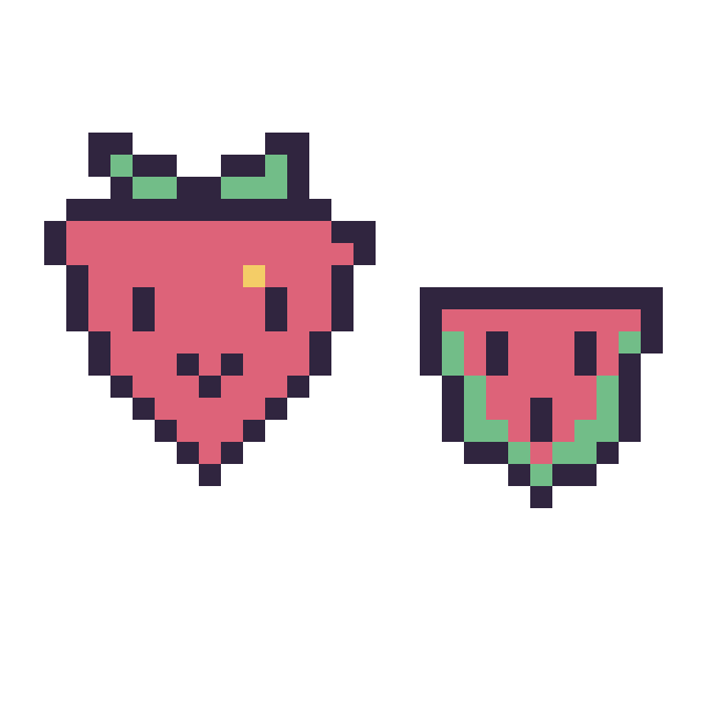 Modèle de pixel art Fraise kawaii 16 × 16 et Pastèque simple 12 × 12 sur une grille de 32 par 32 cases