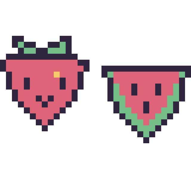 Modèle de pixel art Fraise kawaii 16 × 16 et Pastèque simple 16 × 16 sur une grille de 32 par 32 cases