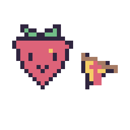 Pixel art Fraise kawaii 16 × 16 et Pizza simple 10 × 10, grille 32 × 32