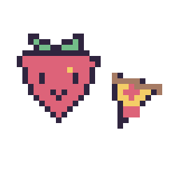 Pixel art Fraise kawaii 16 × 16 et Pizza simple 12 × 12, grille 32 × 32