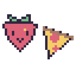 Pixel art Fraise kawaii 16 × 16 et Pizza simple 16 × 16, grille 32 × 32