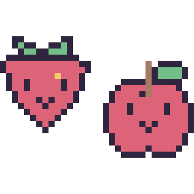 Modèle de pixel art Fraise kawaii 16 × 16 et Pomme kawaii 16 × 16 sur une grille de 32 par 32 cases